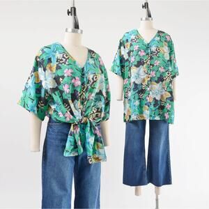 Vintage 90s Tropical Floral Silk Shirt Hawaiian Blouse XXL 1X Plus Size